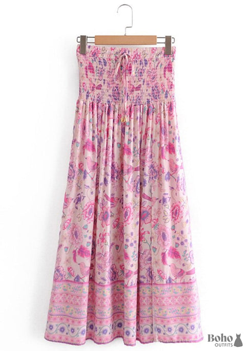 Boho Skirts in Smocked Waist, Bird Garden in Pink Purple For Women
